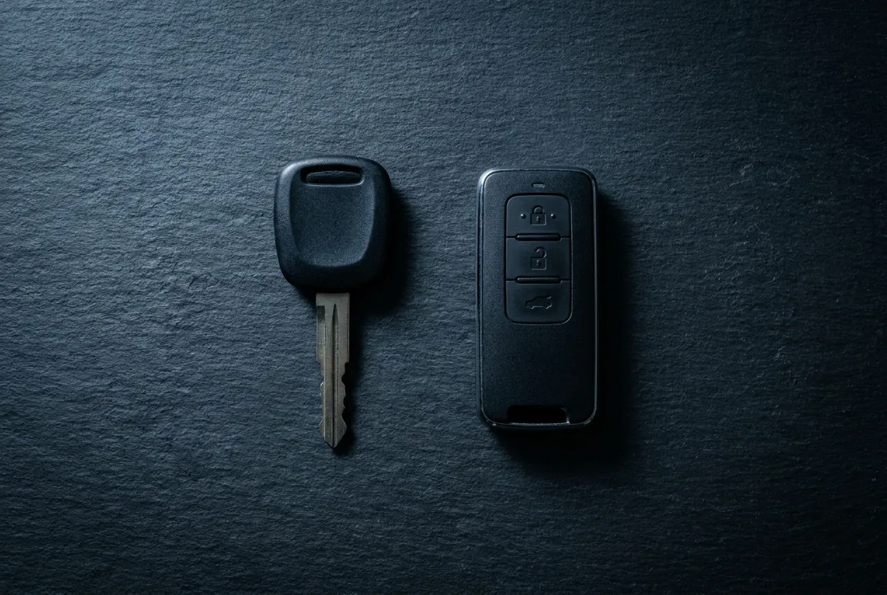 A transponder key and a smart key fob at the same scale: the first with its cut metal blade, the second without one