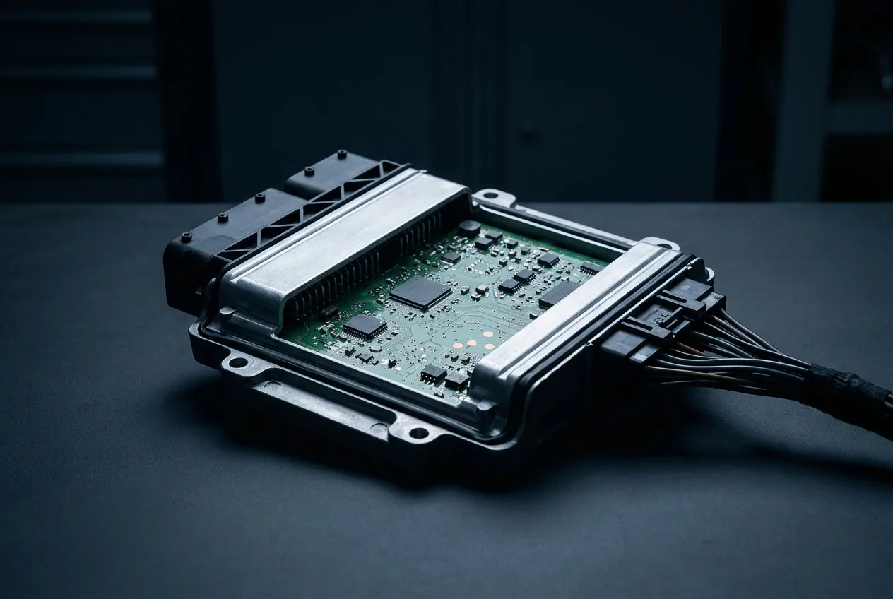 A vehicle electronic module with its casing open, circuit board visible and wiring harness attached