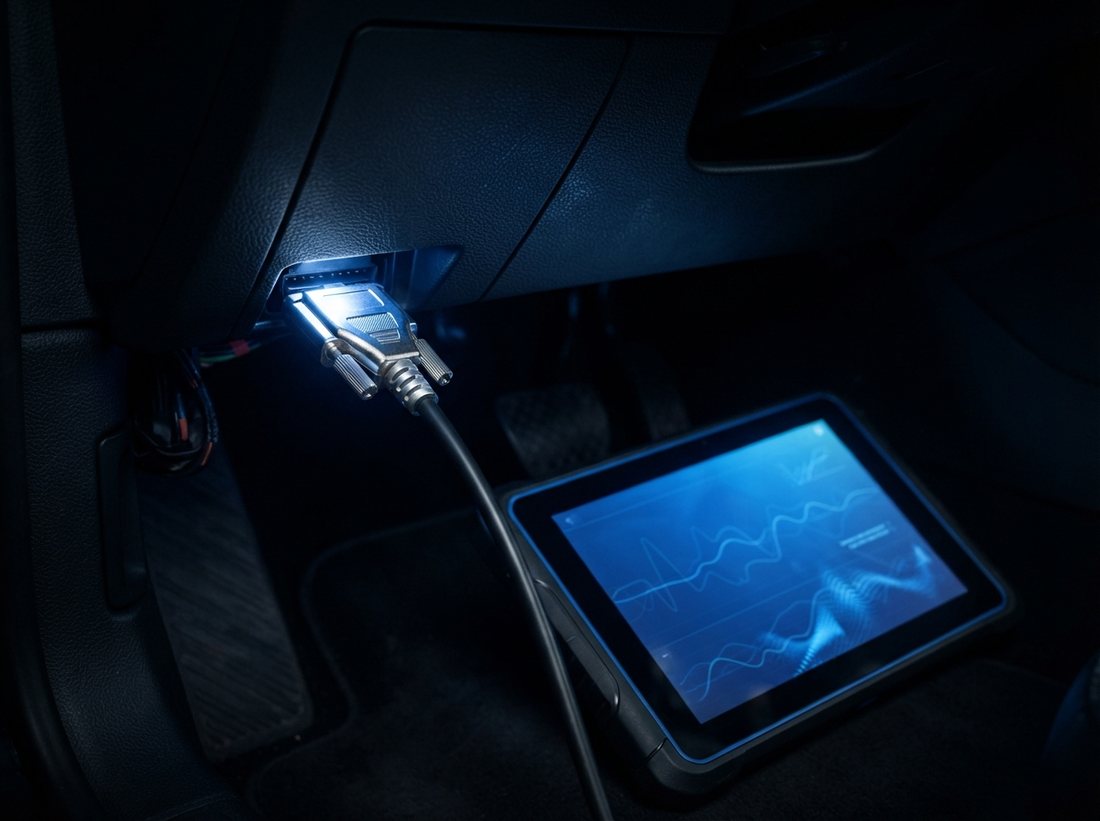 Diagnostic tablet connected to the vehicle's OBD-II port